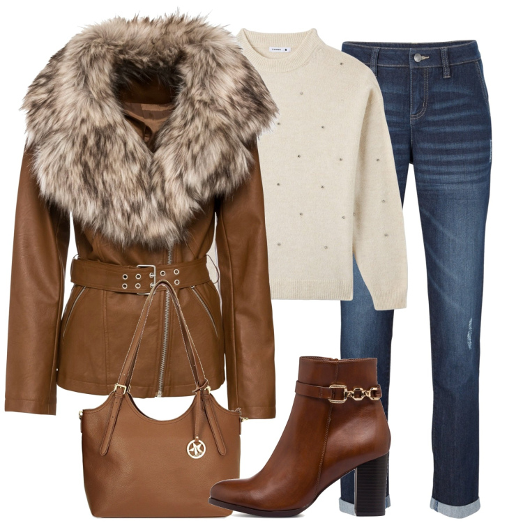 Outfit donna - Winter casual chic. Stile Casual chic per Tutti i giorni. Abbinamento con jeans boyfriend, blazer, maglieria, borse a spalla, stivaletti.