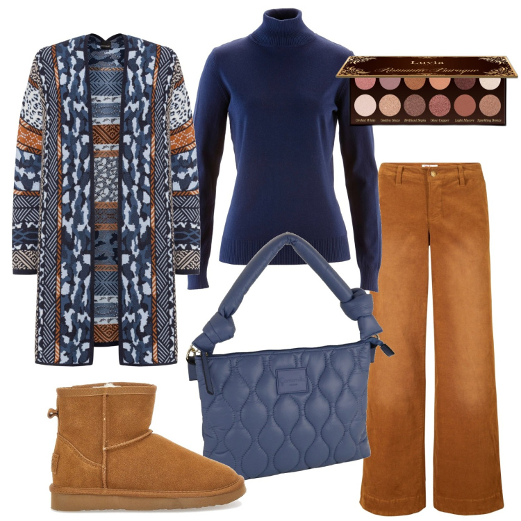 Outfit donna - Voglia di comodità. Stile Minimal per Tutti i giorni. Abbinamento con pantaloni, maglieria, cardigans, ombretti, stivaletti, borse a mano.