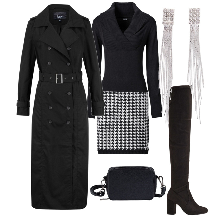 Outfit donna - Bonprix Christmas. Stile Chic per Tutti i giorni. Abbinamento con vestiti, orecchini, borse a tracolla, trench, stivali sopra il ginocchio.