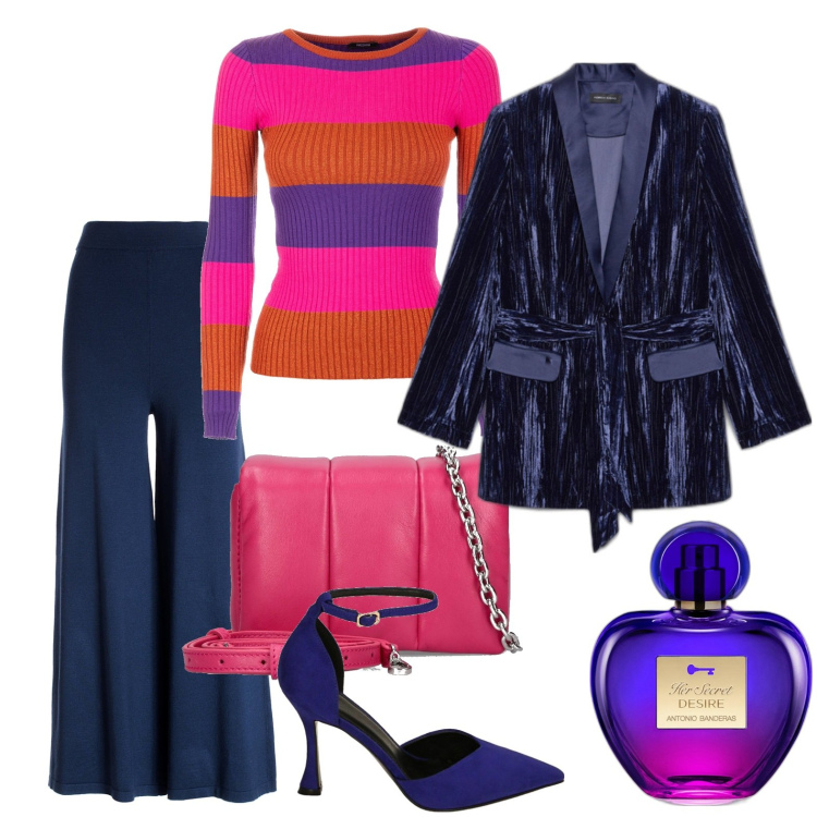 Outfit donna - Aria di festa. Stile Chic per Serata fuori. Abbinamento con profumi, pantaloni, maglieria, décolleté, blazer, borse a spalla.