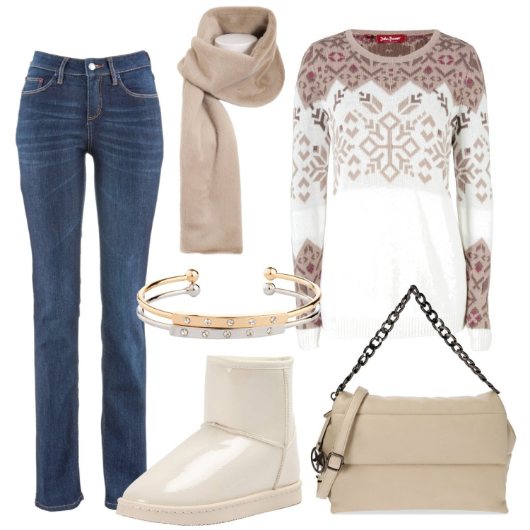Outfit donna - Natale davanti al camino. Stile Casual per Tutti i giorni. Abbinamento con jeans dritti, maglieria, braccialetti, stivaletti, foulard, borse a spalla.