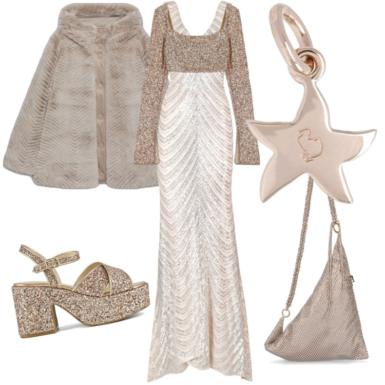 Outfit donna - Stelle faux fur. Stile Glamour per Serata fuori. Abbinamento con piumini, top, vestiti lunghi, sandali, borse a spalla, ciondoli.