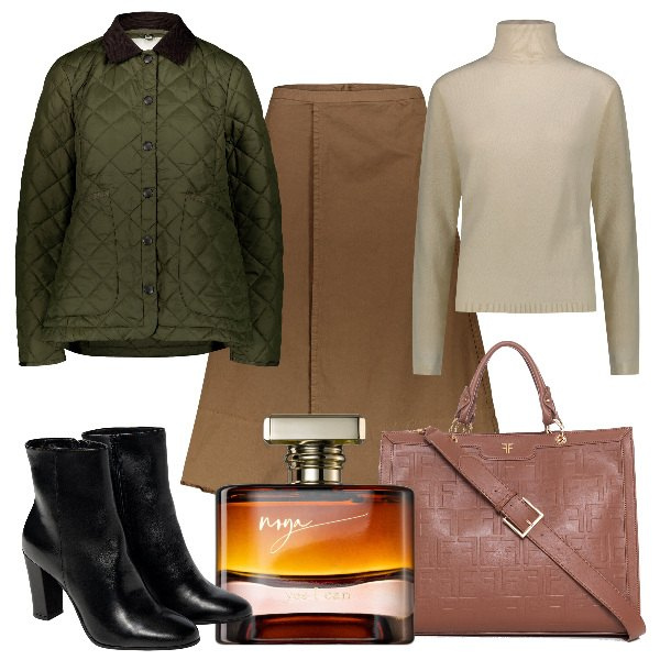 Outfit donna - Total look #1773846. Stile Casual chic per Tutti i giorni. Abbinamento con profumi, borse tote, gonne lunghe, pullovers, stivaletti, giacche.