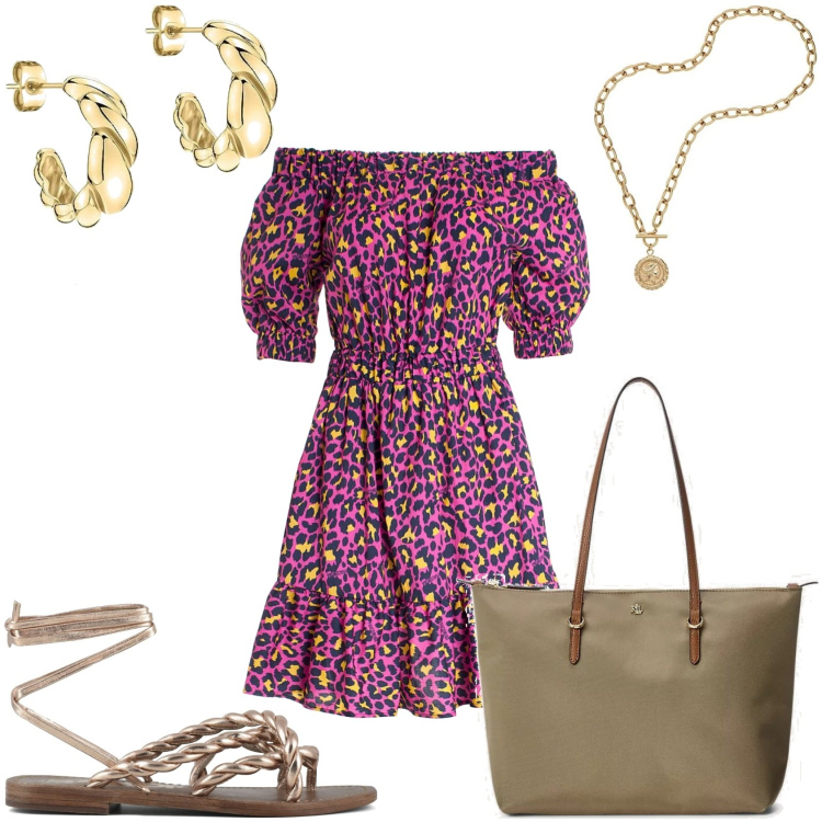 Outfit donna - Vestitino fantasia astratta. Stile Romantica per Tutti i giorni. Abbinamento con vestiti, borse tote, sandali, collane, orecchini.