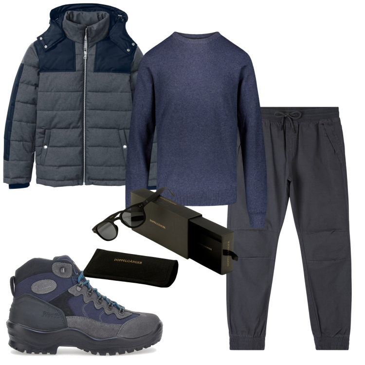 Outfit uomo - Freddo. Stile Urban per Tutti i giorni. Abbinamento con piumini, pantaloni, maglieria, occhiali da sole, stivali e stivaletti.