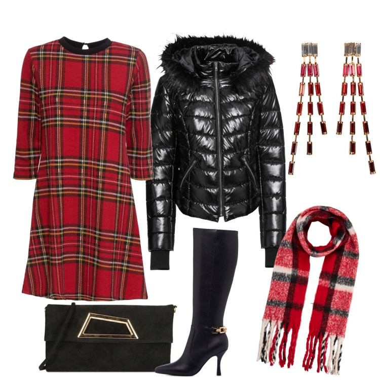 Outfit donna - Natale in famiglia. Stile Casual chic per Serata fuori. Abbinamento con vestiti corti, orecchini, cappotti, sciarpe, pochette, stivali sopra il ginocchio.