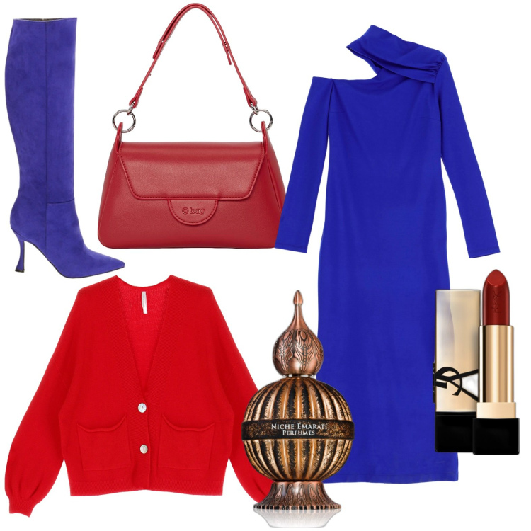 Outfit donna - Asimmetrie. Stile Glamour per Tutti i giorni. Abbinamento con rossetti, profumi, cardigans, vestiti midi/longuette, stivali, borse a spalla.