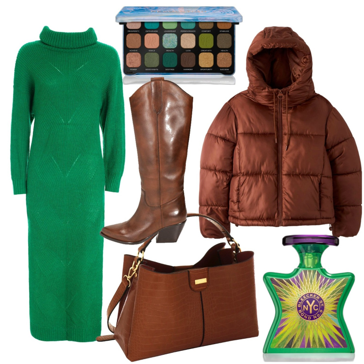 Outfit donna - A pranzo in centro. Stile Casual chic per Tutti i giorni. Abbinamento con profumi, ombretti, piumini, vestiti lunghi, stivali, borse a mano.