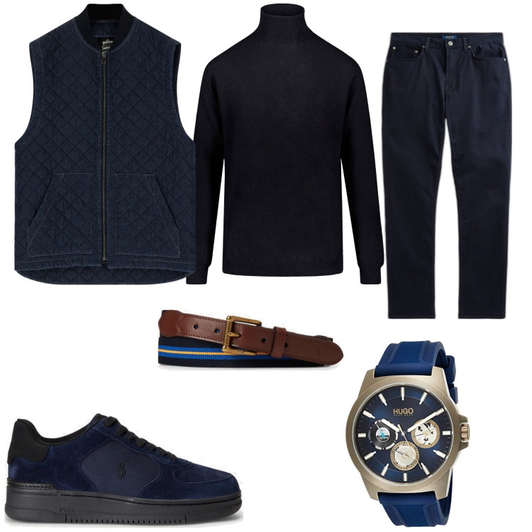 Outfit uomo - Totale blu. Stile Trendy per Tutti i giorni. Abbinamento con gilet, cinture, sneakers, pantaloni, maglieria, orologi analogici.