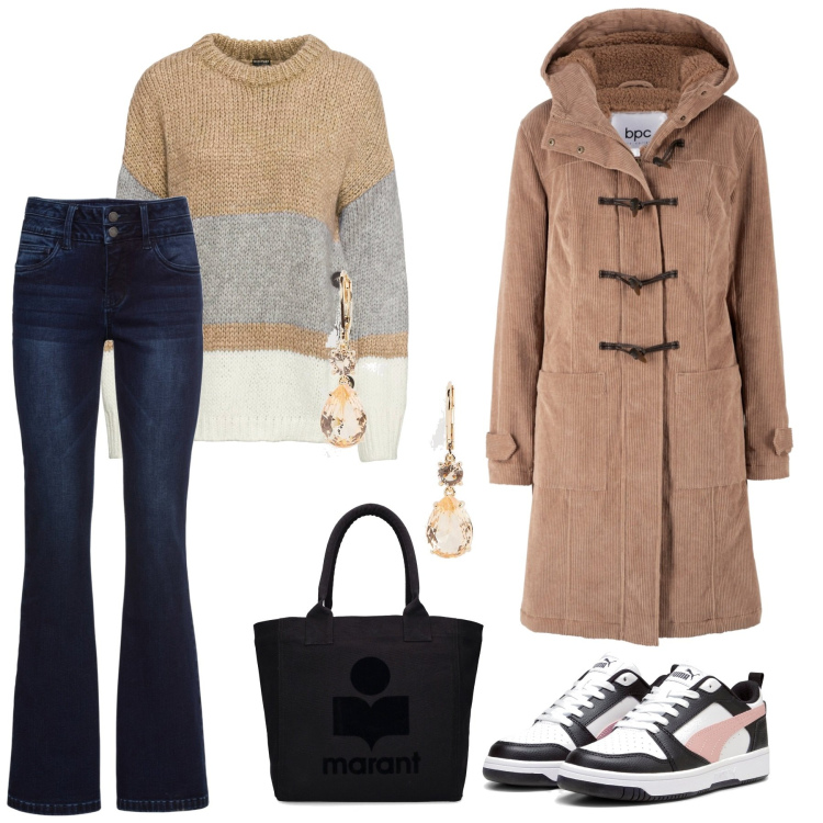 Outfit donna - My Christmas wishlist part 2. Stile Casual chic per Tutti i giorni. Abbinamento con montgomery, jeans bootcut, maglieria, orecchini, sneakers, shopping bag.