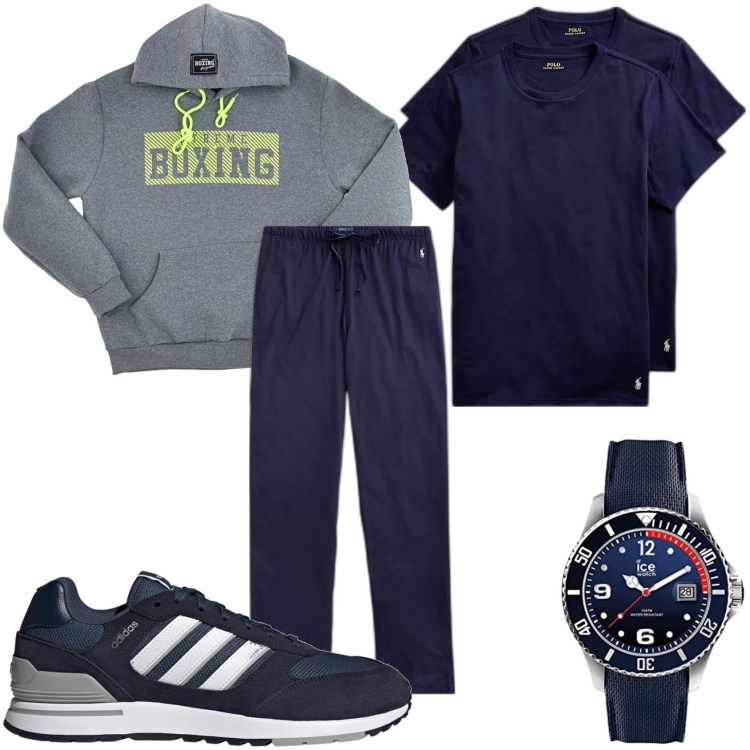 Outfit uomo - La domenica mattina al parco. Stile Urban per Tutti i giorni. Abbinamento con pantaloni, t-shirt, orologi, felpe con cappuccio, sneakers.