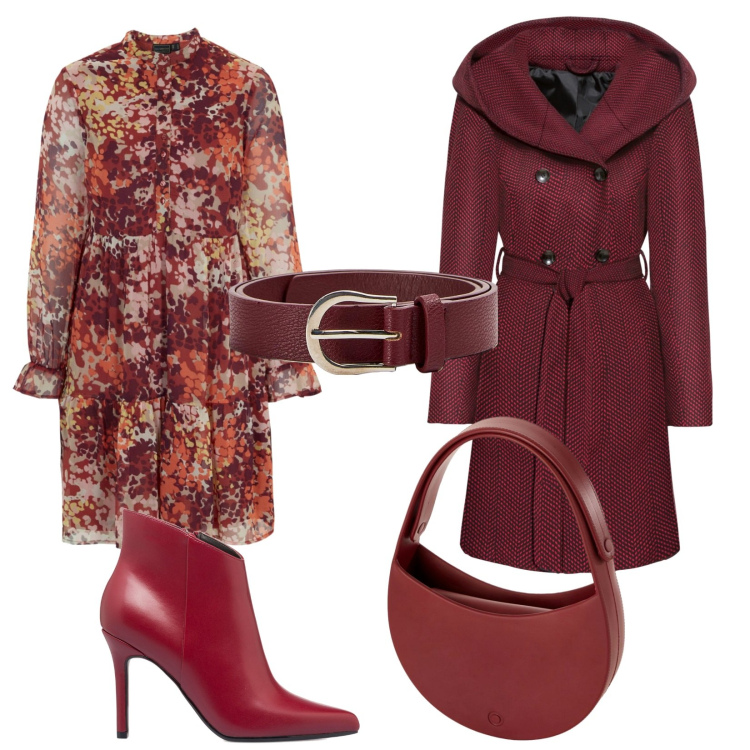 Outfit donna - Sfumature di rosso. Stile Urban per Ufficio. Abbinamento con cappotti, vestiti, cinture, stivaletti, borse a spalla.