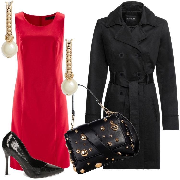 Outfit donna - Preziosa in rosso. Stile Sexy per Tutti i giorni. Abbinamento con trench, vestiti a tubino, borse a spalla, décolleté, orecchini.