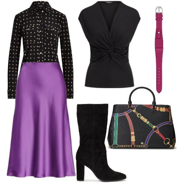 Outfit donna - Total look #1774086. Stile Bon Ton per Ufficio. Abbinamento con orologi, gonne, stivali sopra il ginocchio, maglieria, camicie, borse a mano.
