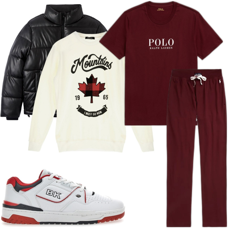 Outfit uomo - il weekend in rosso. Stile Urban per Tutti i giorni. Abbinamento con piumini, felpe, t-shirt, pantaloni, sneakers.