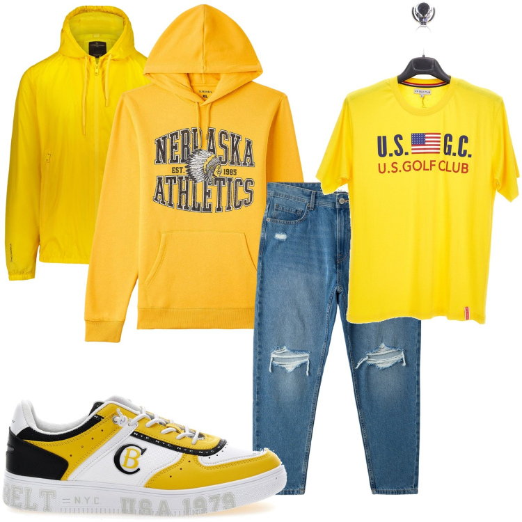 Outfit uomo - Il giallo anche d\'inverno. Stile Casual per Tutti i giorni. Abbinamento con giacche, sneakers, jeans, t-shirt, felpe con cappuccio.