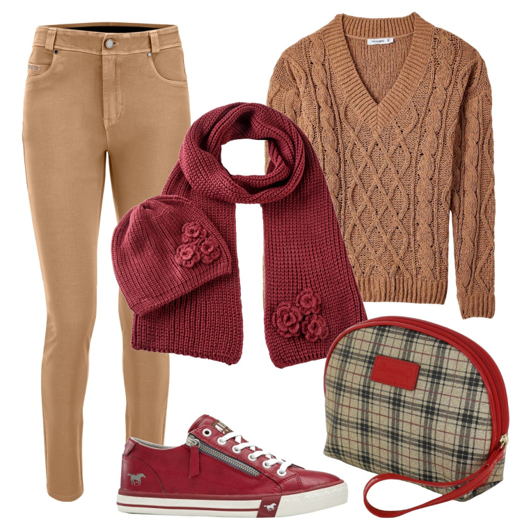Outfit donna - Total look #1774139. Stile Casual per Scuola/Università. Abbinamento con sciarpe, sneakers, maglieria, jeans, clutch.