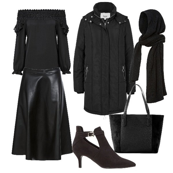 Outfit donna - Black. Stile Chic per Serata fuori. Abbinamento con shopping bag, sciarpe, gonne, camicie, cappotti, stivaletti.