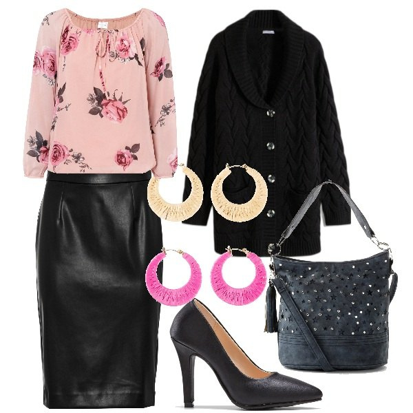Outfit donna - Ufficio. Stile Chic per Ufficio. Abbinamento con cardigans, bluse, gonne longuette, borse a tracolla, orecchini, décolleté.