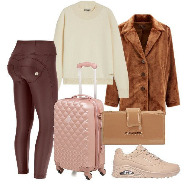 Outfit donna - In viaggio. Stile Urban per Tutti i giorni. Abbinamento con cappotti, felpe, pantaloni skinny, portafogli, sneakers, valigie.