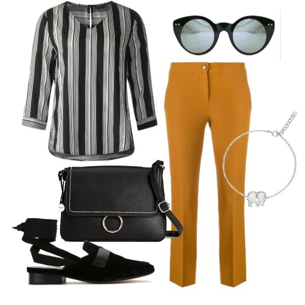 Outfit donna - Colloquio di lavoro. Stile Trendy per Ufficio. Abbinamento con sabot con pizzo in velluto nero, pantalone cropped marrone, occhiali da sole, blusa multicolore e nero, borsa a tracolla nero, bracciale effetto lucido argento.
