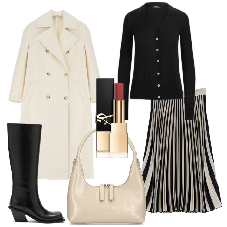 Outfit donna - Rossetto rosso. Stile Trendy per Tutti i giorni. Abbinamento con rossetti, gonne longuette, cappotti, cardigans, borse a mano, stivali sopra il ginocchio.