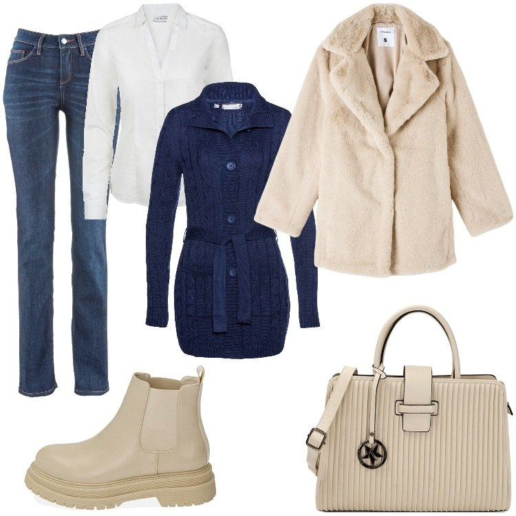 Outfit donna - al caldo in blu e panna. Stile Casual per Tutti i giorni. Abbinamento con jeans dritti, camicie, cardigans, ecopellicce, stivaletti chelsea, borse a mano.