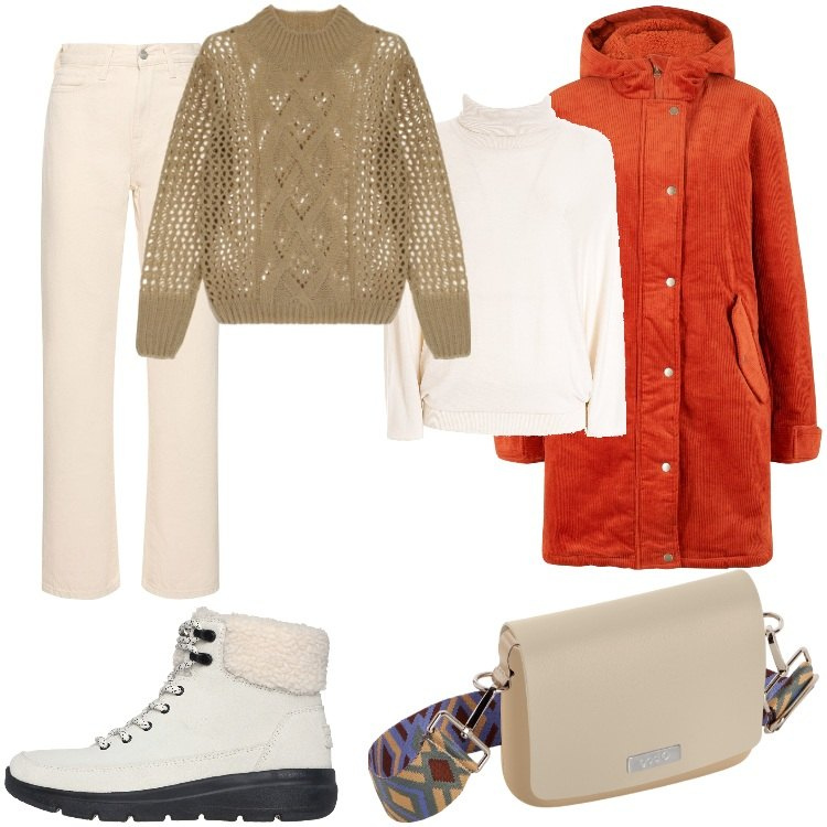 Outfit donna - Mountain style. Stile Casual chic per Tutti i giorni. Abbinamento con parka, maglieria, maglieria, stivaletti, borse a spalla, jeans dritti.