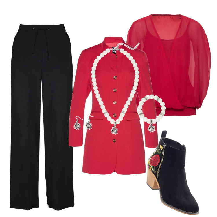 Outfit donna - Curvy fashion. Stile Casual chic per Serata fuori. Abbinamento con pantaloni a palazzo, stivaletti, bluse, blazer, braccialetti.