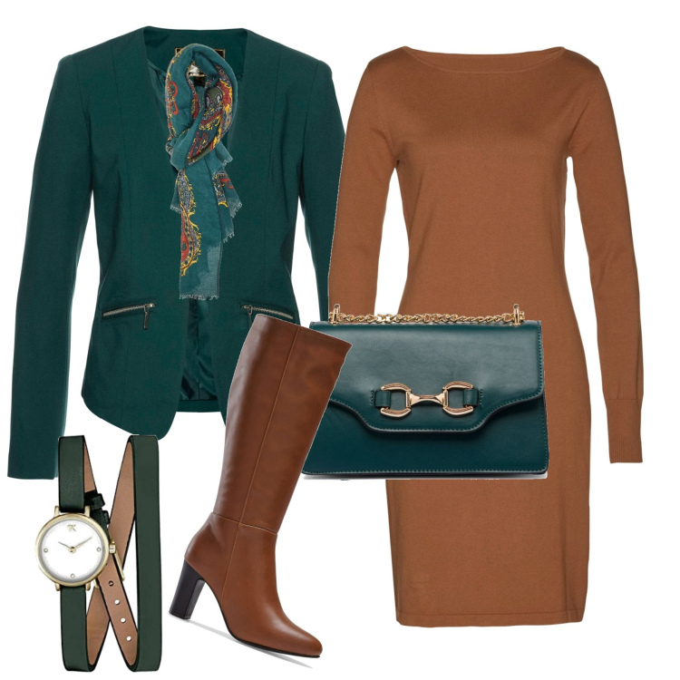 Outfit donna - Total look #1774238. Stile Casual chic per Tutti i giorni. Abbinamento con blazer, vestiti, stivali, borse a tracolla, sciarpe, orologi analogici.