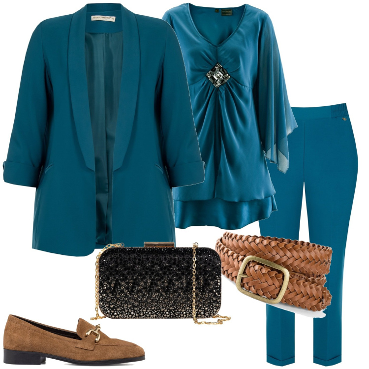 Outfit donna - Total look #1774240. Stile Casual chic per Serata fuori. Abbinamento con cinture, tuniche, pantaloni skinny, cappotti, clutch, mocassini.