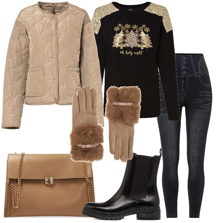 Outfit donna - Mani al caldo. Stile Basic per Tutti i giorni. Abbinamento con jeggings, maglieria, giacche, borse a spalla, stivaletti, guanti.