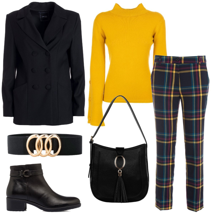 Outfit donna - Total look #1774285. Stile Casual chic per Tutti i giorni. Abbinamento con cinture, borse a spalla, pantaloni, maglieria, blazer, stivaletti.