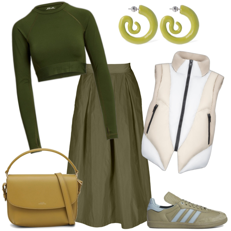 Outfit donna - Declinazioni di verde. Stile Casual per Tutti i giorni. Abbinamento con pullovers, piumini, gonne, borse a tracolla, sneakers, orecchini.