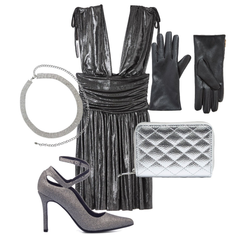 Outfit donna - Brillare come fiocchi di neve. Stile Glamour per Serata fuori. Abbinamento con cinture, guanti, vestiti corti, portafogli, décolleté.