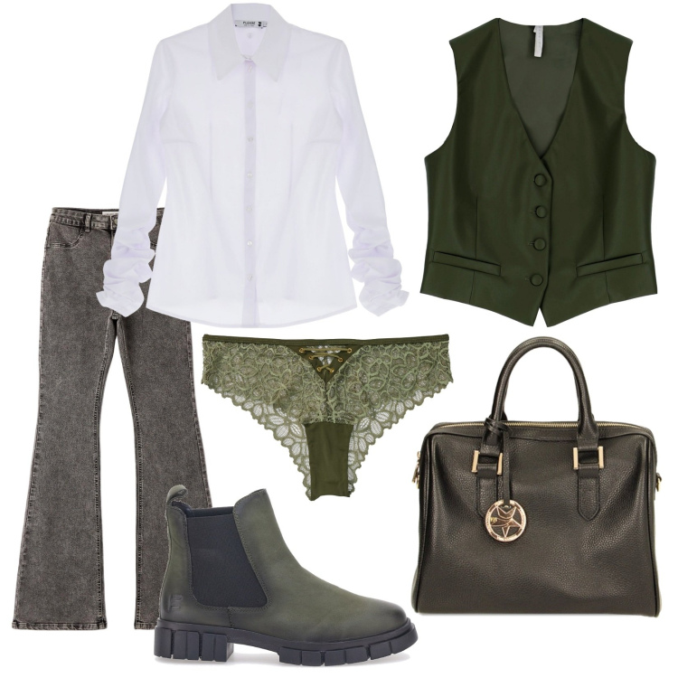 Outfit donna - Total look #1774325. Stile Casual chic per Tutti i giorni. Abbinamento con culotte, jeggings, camicie, gilet, borse a mano, stivaletti chelsea.