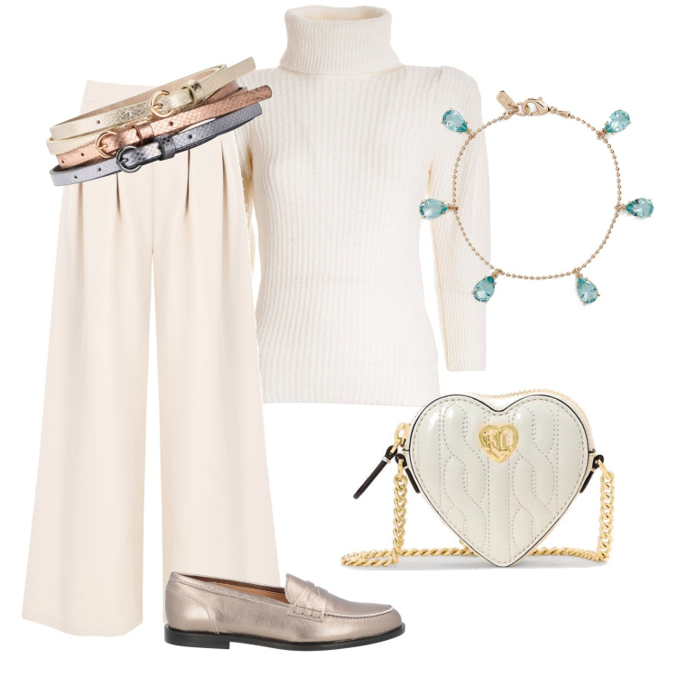 Outfit donna - Cena in famiglia per le feste. Stile Casual chic per Tutti i giorni. Abbinamento con cinture, mocassini, pantaloni a palazzo, maglieria, braccialetti, pochette.