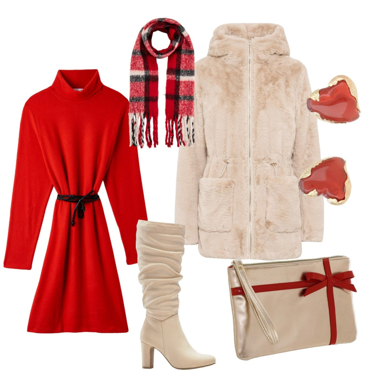 Outfit donna - Borsa gift. Stile Glamour per Tutti i giorni. Abbinamento con ecopellicce, stivali sopra il ginocchio, vestiti, sciarpe, orecchini, pochette.