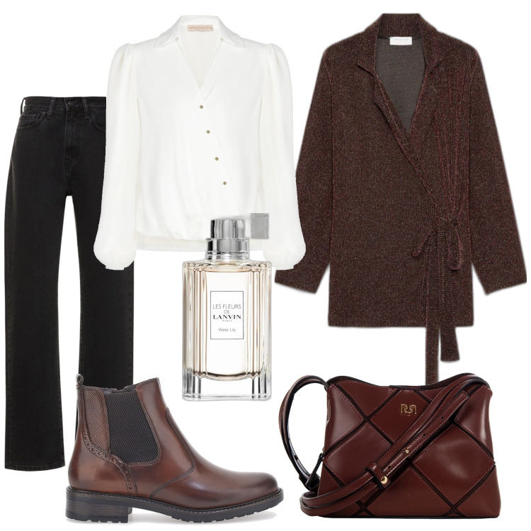 Outfit donna - Total look #1774354. Stile Casual chic per Tutti i giorni. Abbinamento con profumi, bluse, borse a spalla, cappotti, stivaletti chelsea, jeans dritti.