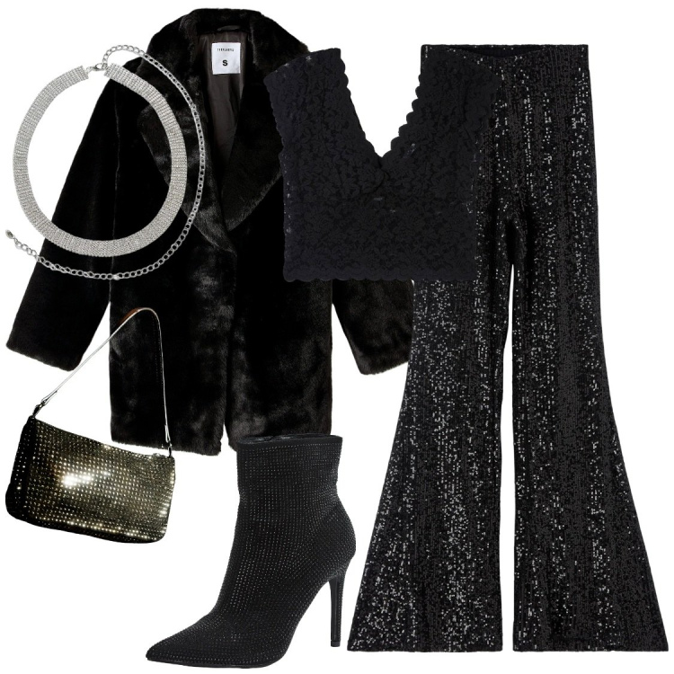 Outfit donna - Dettagli brillanti. Stile Glamour per Serata fuori. Abbinamento con t-shirt, cinture, pantaloni, stivaletti, ecopellicce, borse a spalla.