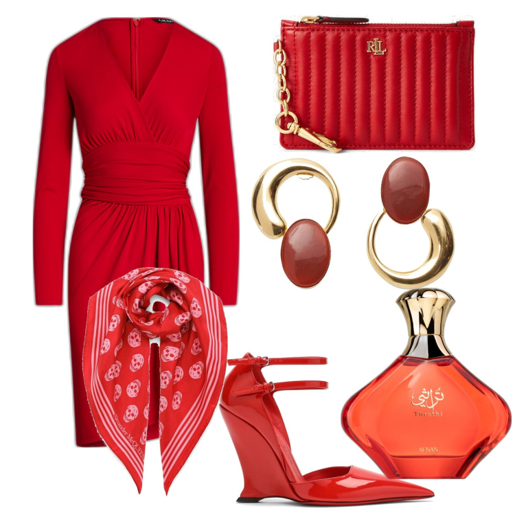 Outfit donna - Idee regali luxuri. Stile Basic per Tutti i giorni. Abbinamento con profumi, vestiti asimmetrici, portafogli, orecchini, décolleté, foulard.