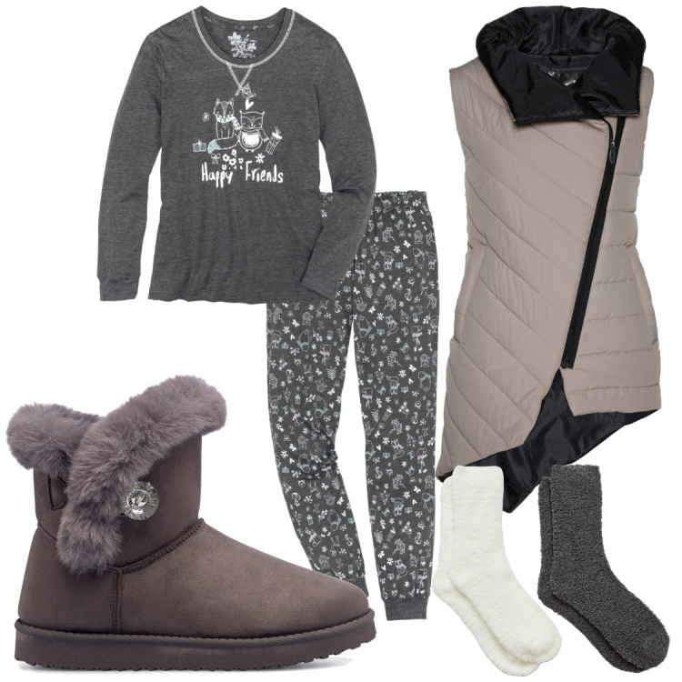 Outfit donna - Pijamarty. Stile Sporty chic Abbinamento con pigiama, gilet, calzini, stivaletti.