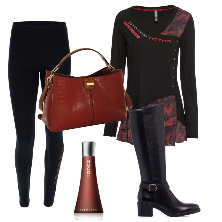 Outfit donna - Il Pantaleggins. Stile Trendy per Scuola/Università. Abbinamento con maglieria, profumi, leggings, stivali sopra il ginocchio, borse a mano.