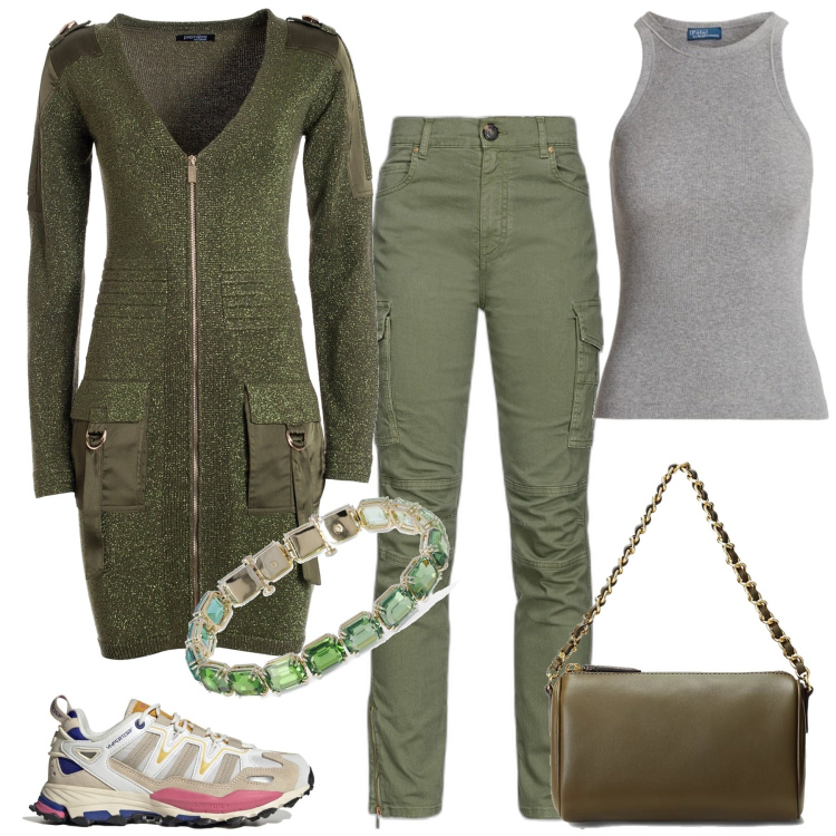 Outfit donna - Verde militare. Stile Casual per Tutti i giorni. Abbinamento con pantaloni cargo, cardigans, canottiere, borse a spalla, sneakers, braccialetti.