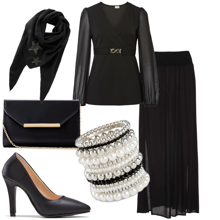 Outfit donna - Total look #1774446. Stile Chic per Serata fuori. Abbinamento con gonne lunghe, braccialetti, foulard, maglieria, décolleté, pochette.