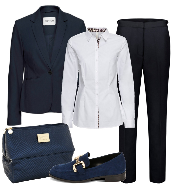 Outfit donna - In ufficio. Stile Chic per Ufficio. Abbinamento con blazer, camicie, mocassini, pantaloni, valigie.
