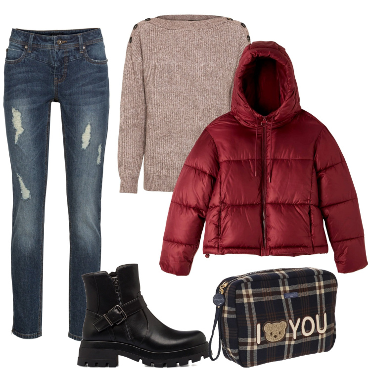 Outfit donna - Camomilla scozzese. Stile Casual per Tutti i giorni. Abbinamento con maglieria, jeans strappati, piumini, stivaletti, valigie.