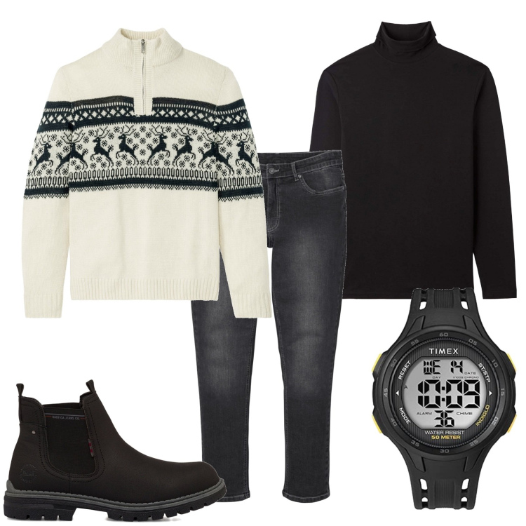 Outfit uomo - Giornata in montagna. Stile Trendy per Tutti i giorni. Abbinamento con maglieria, jeans slim fit, t-shirt, stivali e stivaletti, orologi digitali.