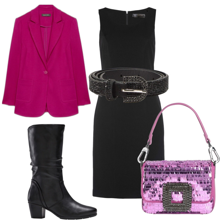 Outfit donna - Un tocco di rosa🩷. Stile Glamour per Serata fuori. Abbinamento con stivali, vestiti a tubino, borse a mano, cinture, blazer.