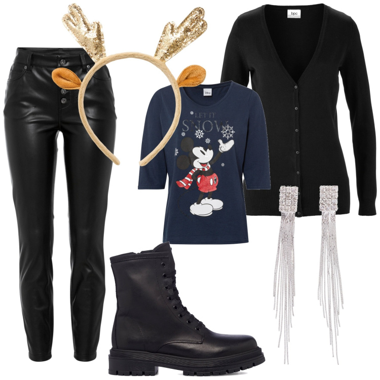 Outfit donna - Cena in famiglia. Stile Rock per Tutti i giorni. Abbinamento con cardigans, orecchini, pantaloni, maglieria, cerchietti, anfibi.